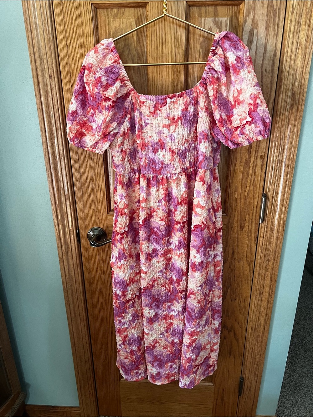 Time and Tru Pink Purple and White Floral Puff Sleeve Maxi Dress